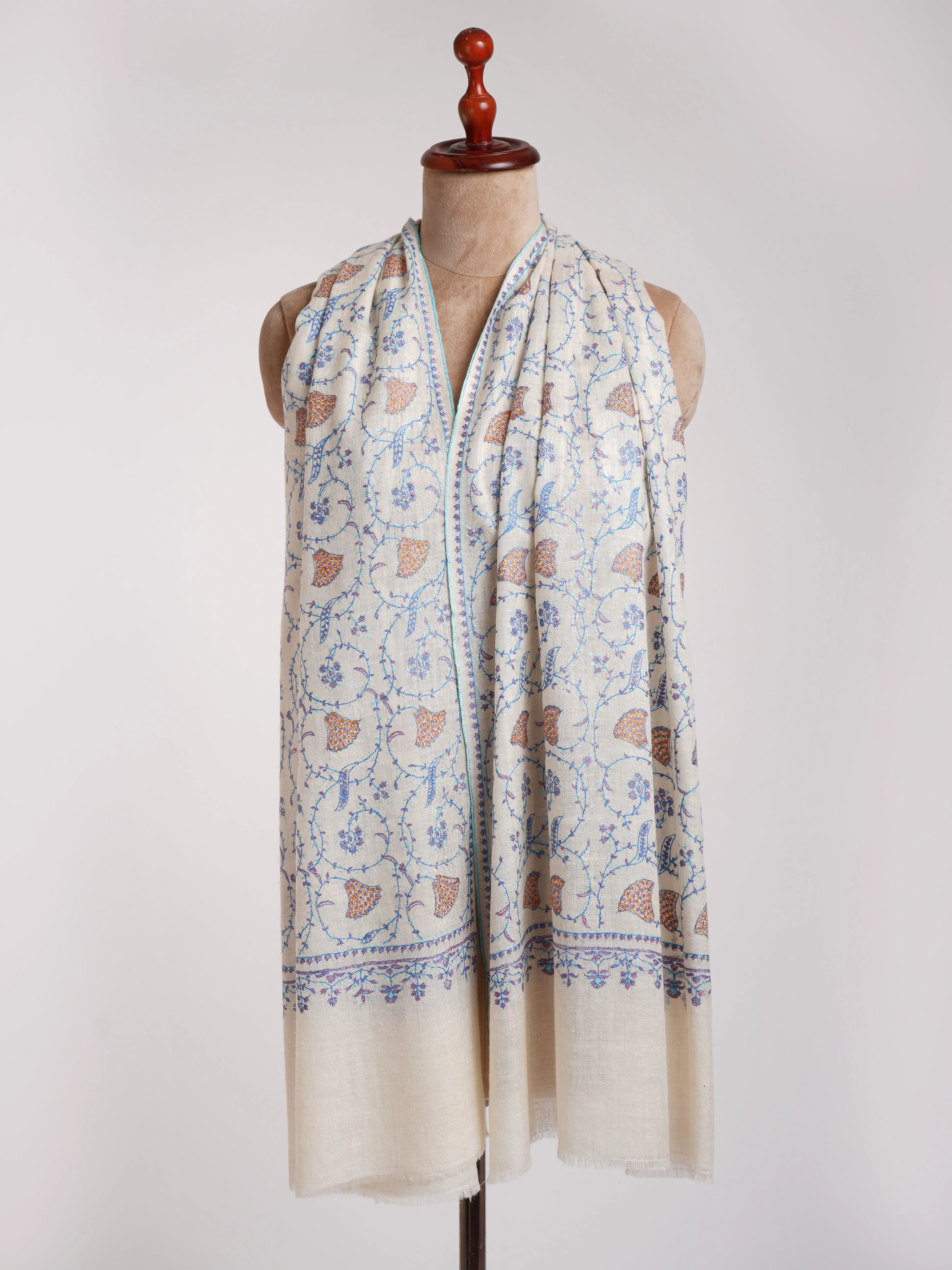 White Cashmere Wrap with Sozni Embroidery from Kashmir