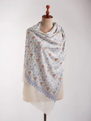 White Cashmere Wrap with Sozni Embroidery from Kashmir