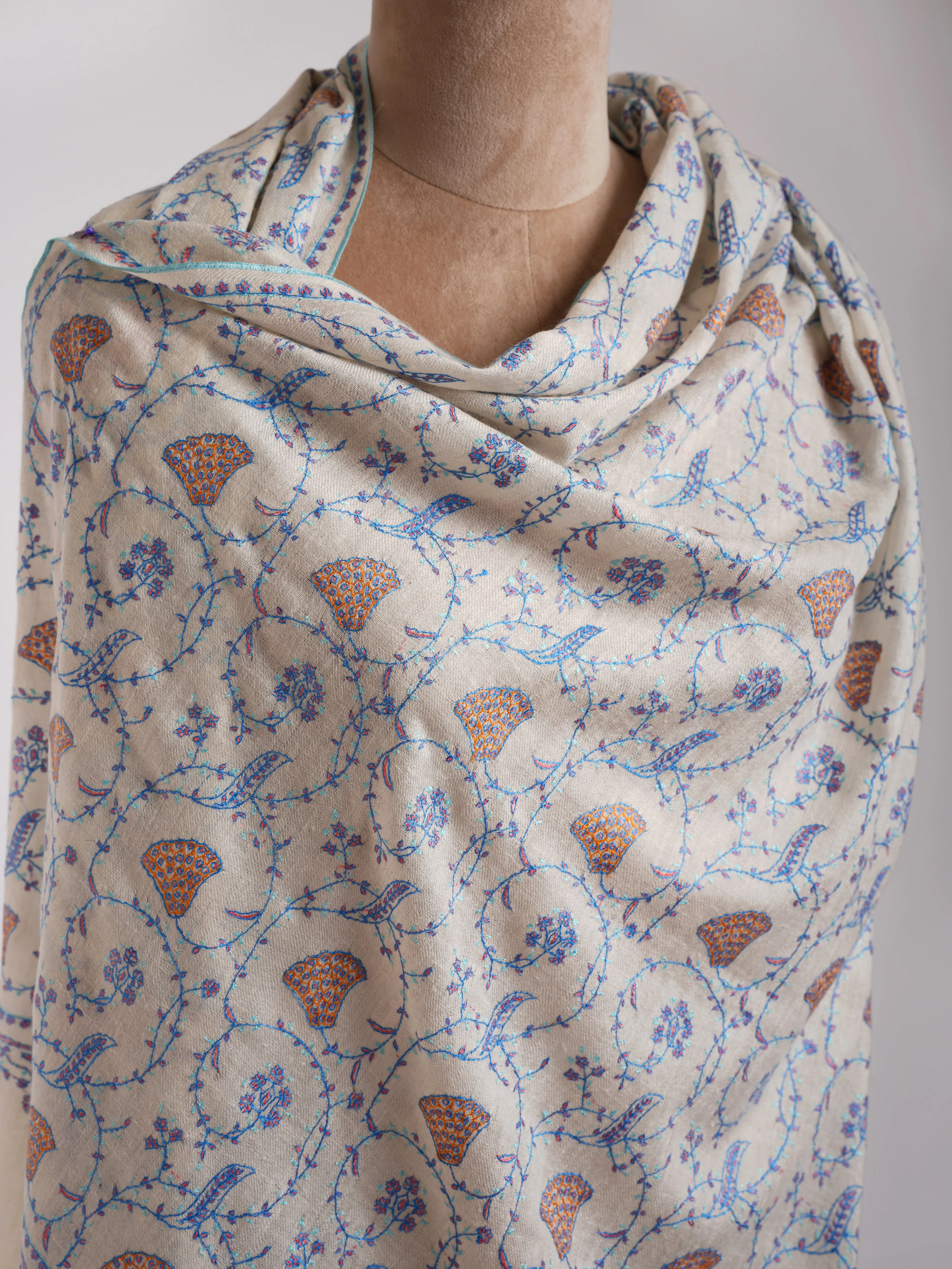 White Cashmere Wrap with Sozni Embroidery from Kashmir