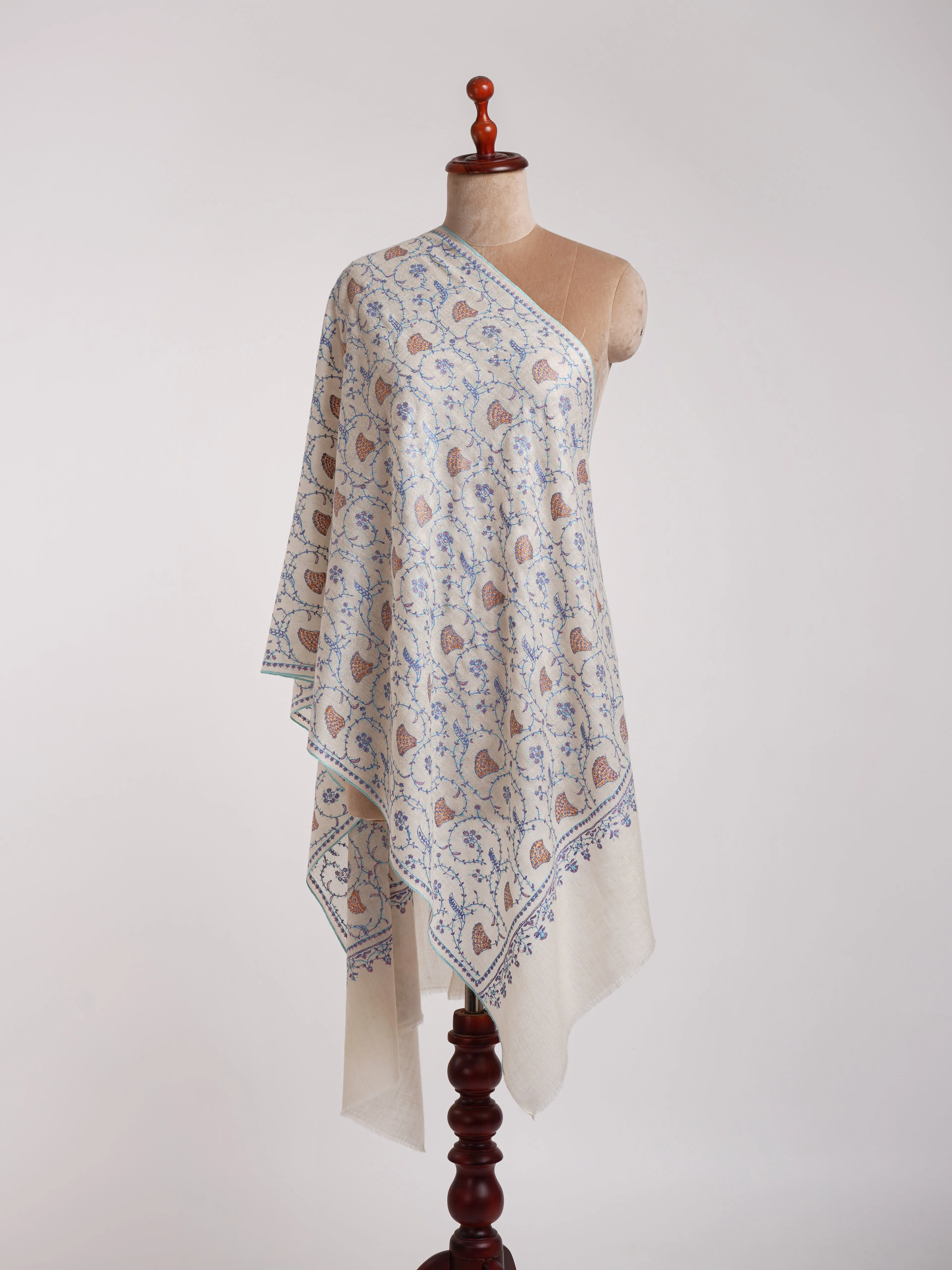 White Cashmere Wrap with Sozni Embroidery from Kashmir