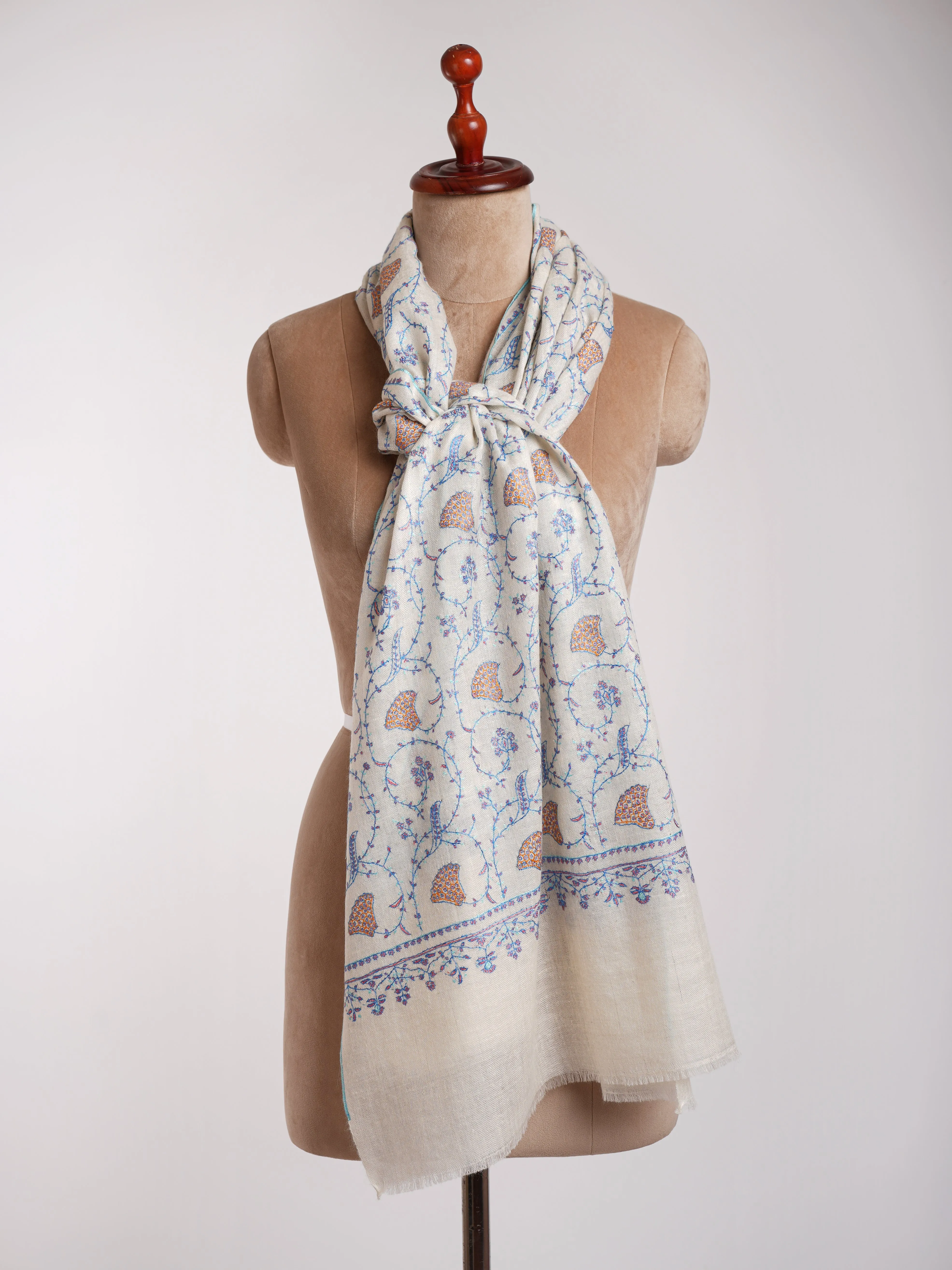 White Cashmere Wrap with Sozni Embroidery from Kashmir