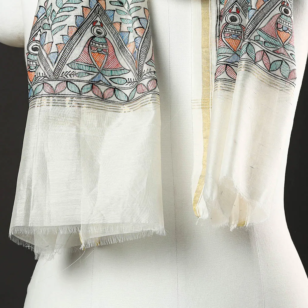 White - Madhubani Handpainted Chanderi Silk Handloom Stole 05