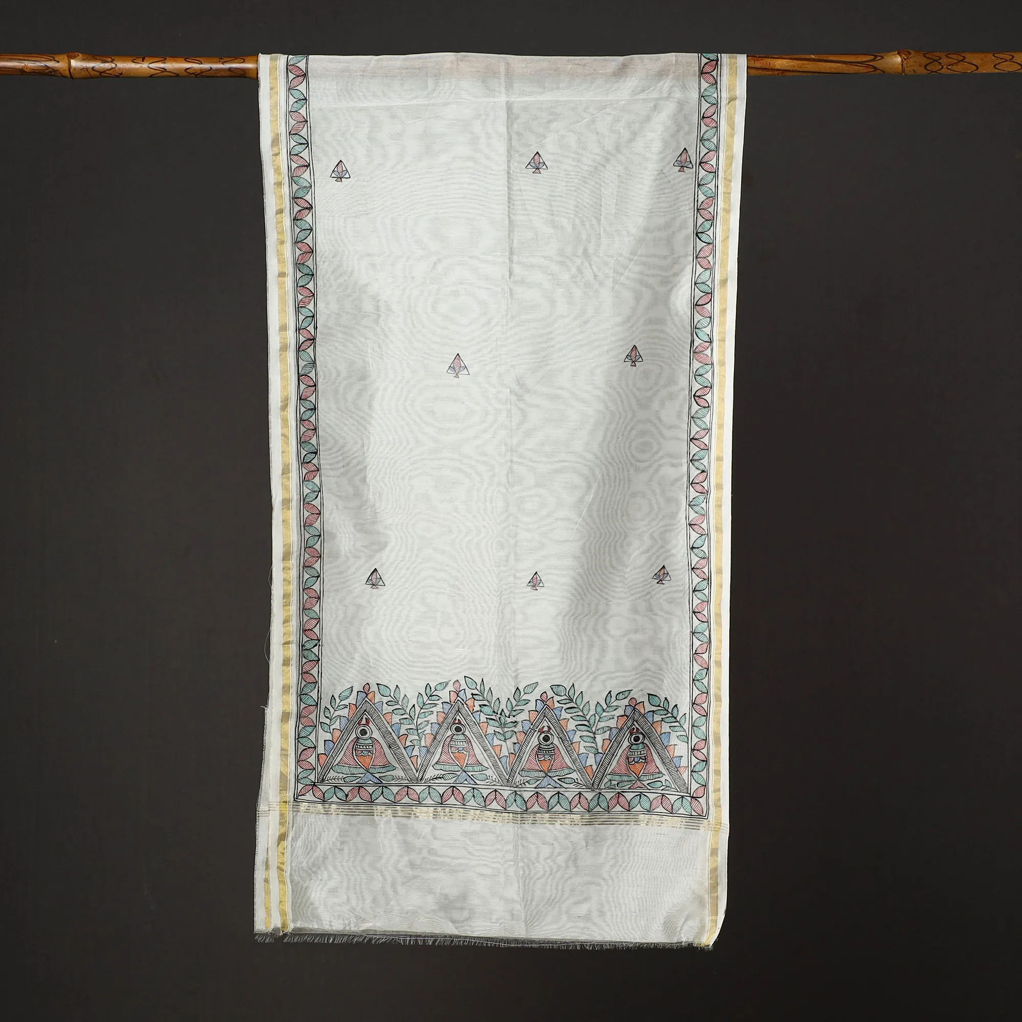 White - Madhubani Handpainted Chanderi Silk Handloom Stole 05