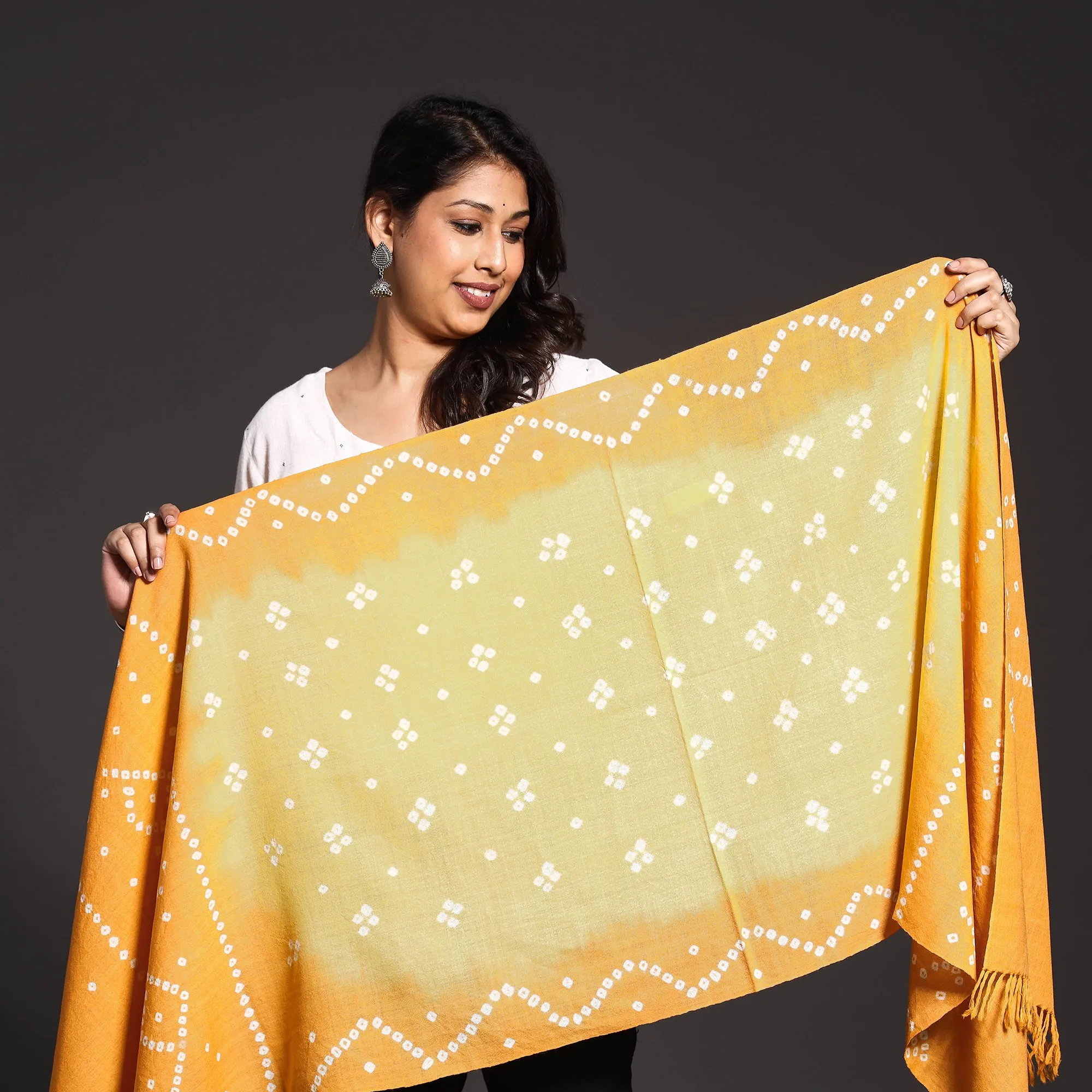 Yellow - Kutch Handwoven Bandhani Bagida Pure Merino Wool Stole