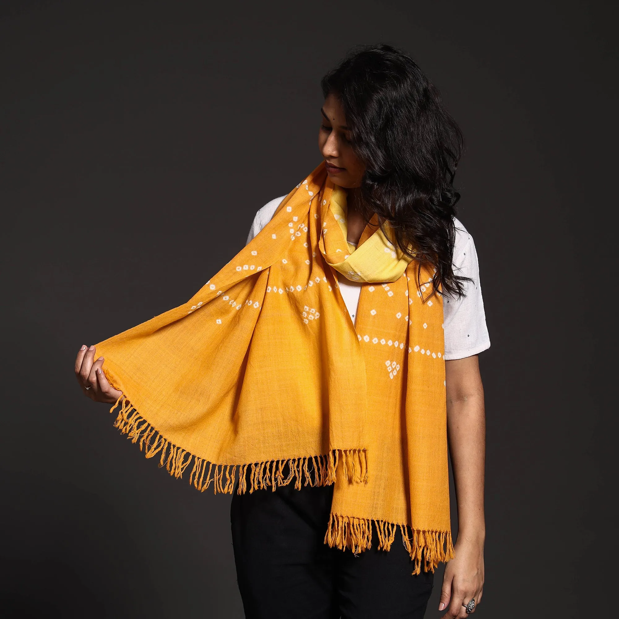 Yellow - Kutch Handwoven Bandhani Bagida Pure Merino Wool Stole