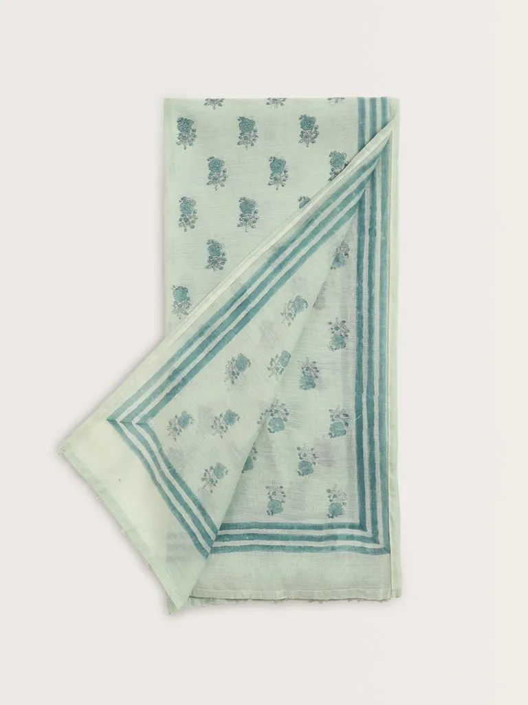 Zuba Sea Green Floral Printed Silk-Blend Stole