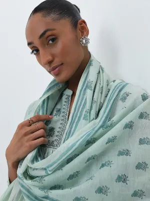 Zuba Sea Green Floral Printed Silk-Blend Stole