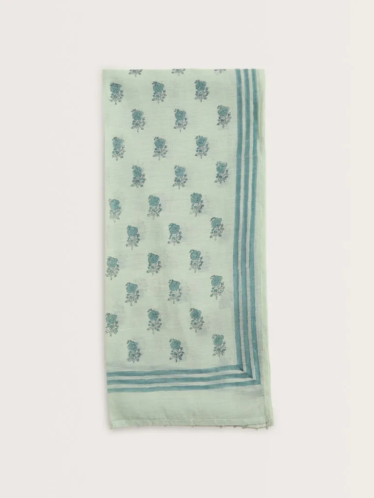 Zuba Sea Green Floral Printed Silk-Blend Stole